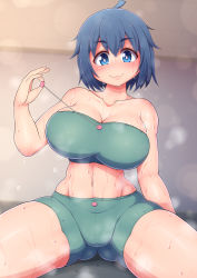 Rule 34 | 1girl, :3, aged up, ahoge, arm up, blue eyes, blue hair, breasts, collarbone, dripping, female focus, green sports bra, highres, indoors, large breasts, looking at viewer, midriff, navel, nervous sweating, nishihara, ponponmaru, short hair, sitting, smile, solo, sports bra, spread legs, steam, steaming body, string, sweat, thighs, tomboy, ueno-san wa bukiyou, very sweaty, wet