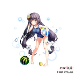 Rule 34 | 1girl, ball, bare arms, bare legs, bare shoulders, barefoot, beachball, black hair, blue one-piece swimsuit, breasts, carrying, carrying under arm, closed mouth, commentary request, copyright notice, copyright request, covered navel, flower, food, fruit, full body, hair flower, hair ornament, leaning forward, long hair, looking at viewer, marmoset (marmoset0), medium breasts, official art, one-piece swimsuit, purple eyes, red flower, rubber duck, smile, solo, standing, swimsuit, very long hair, watermark, watermelon, white background, white flower, yellow flower
