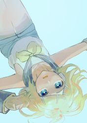 Rule 34 | 1girl, bare shoulders, blonde hair, blue eyes, bow, detached sleeves, dutch angle, flat chest, foreshortening, hair bow, hair ornament, hairclip, headphones, headset, highres, kagamine rin, knees up, light blue background, looking at viewer, lying, neckerchief, on back, sailor collar, sailor shirt, shimeji (user fkzg7225), shirt, shorts, sleeveless, sleeveless shirt, solo, upside-down, vocaloid, white bow, yellow neckerchief