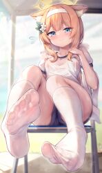 Rule 34 | 1girl, absurdres, arata (xin), blonde hair, blue eyes, blush, feet, female focus, foot focus, full body, gym uniform, highres, looking at viewer, mari (blue archive), mari (track) (blue archive), see-through, shirt, sitting, smile, solo, sweat, wet, wet clothes, white shirt