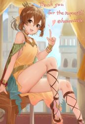 Rule 34 | 1girl, absurdres, applying manicure, applying pedicure, bare shoulders, breasts, bridal legwear, brown eyes, brown hair, choker, collarbone, delthea (fire emblem), dress, fang, feet, female focus, fire emblem, fire emblem echoes: shadows of valentia, happy, haru (nakajou-28), heart, highres, jewelry, legs, looking at viewer, medium hair, nail polish, nails, nintendo, open mouth, sandals, sitting, small breasts, smile, solo, stirrup legwear, thighs, toeless footwear, toeless legwear, toenails, toes, wrist cuffs, yellow dress, yellow nails, yellow toenails