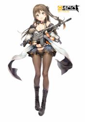 Rule 34 | 1girl, absurdres, artist request, assault rifle, bare shoulders, black panties, blush, boots, breasts, brown eyes, brown hair, brown pantyhose, cleavage, collarbone, cross-laced footwear, daewoo k2, fingerless gloves, full body, girls&#039; frontline, gloves, gun, hair ornament, hairclip, highres, holding, jacket, knee boots, lace-up boots, logo, long hair, looking at viewer, medium breasts, navel, open mouth, panties, panties under pantyhose, pantyhose, rifle, simple background, smile, solo, standing, thighband pantyhose, underwear, weapon, white background
