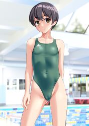 Rule 34 | 1girl, absurdres, black hair, breasts, brown eyes, cameltoe, commentary request, competition swimsuit, covered navel, cowboy shot, green one-piece swimsuit, highleg, highleg swimsuit, highres, indoors, lane line, one-piece swimsuit, original, parted lips, pool, short hair, small breasts, solo, standing, string of flags, swimsuit, takafumi, tomboy, variant set
