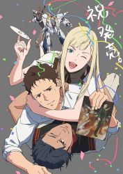 Rule 34 | 1girl, 2boys, black hair, blue eyes, book, brown eyes, capelet, cd, collared shirt, confetti, gigi andalusia, green eyes, grey background, gun, gundam, gundam hathaway&#039;s flash, hair behind ear, hathaway noa, highres, holding, holding book, holding gun, holding weapon, hug, hug from behind, kenneth sleg, lipstick, looking at viewer, lying, makeup, mecha, mishio, mobile suit, multiple boys, on person, one eye closed, parted lips, pink lips, robot, shirt, smile, v-fin, weapon, white capelet, white shirt, xi gundam