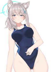 Rule 34 | 1girl, absurdres, animal ears, blue archive, blue eyes, blush, breasts, commentary request, competition swimsuit, earrings, eyelashes, female focus, goyain, grey hair, hair between eyes, highres, jewelry, large breasts, looking at viewer, one-piece swimsuit, shiroko (blue archive), shiroko (swimsuit) (blue archive), simple background, solo, swimsuit, white background, wolf ears, wolf girl