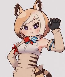 Rule 34 | 1girl, animal ears, apron, back bow, bare shoulders, black gloves, blue bow, blue bowtie, blush, bow, bowtie, brown apron, brown sleeves, commentary request, cowboy shot, detached sleeves, extra ears, frilled apron, frills, gloves, highres, kemono friends, light brown hair, multicolored hair, purple eyes, red bow, red bowtie, shirt, skirt, sleeveless, smile, solo, sorairo meronpan, striped bow, striped bowtie, striped clothes, striped skirt, tail, tasmanian tiger (kemono friends), two-tone bowtie, two-tone hair, white bow, white bowtie, white hair, white shirt