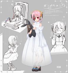 Rule 34 | 1girl, absurdres, android, animal ear headphones, animal ears, bad id, bad pixiv id, barcode, barcode tattoo, bare arms, bare shoulders, blush, bow, cat ear headphones, cat ears, chair, closed eyes, closed mouth, commentary request, detached sleeves, dress, fake animal ears, frilled sleeves, frills, grey background, headphones, highres, hot kakigoori, joints, juliet sleeves, long sleeves, looking at viewer, multiple views, hugging object, on chair, open mouth, original, pink hair, plague doctor mask, profile, puffy sleeves, red eyes, robot joints, round teeth, see-through, sitting, sleeveless, sleeveless dress, sleeves past fingers, sleeves past wrists, stuffed animal, stuffed rabbit, stuffed toy, tattoo, teeth, translation request, upper teeth only, white bow, white dress, white sleeves