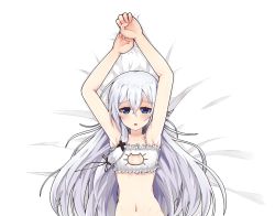 Rule 34 | 1girl, bad id, bad pixiv id, bippew, blue eyes, cat cutout, cat lingerie, cleavage cutout, clothing cutout, commission, hair between eyes, hair ornament, light purple hair, long hair, looking at viewer, lying, meme attire, navel, on back, open mouth, silver hair, solo, very long hair, x hair ornament