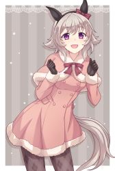 Rule 34 | 1girl, :d, animal ears, argyle, argyle clothes, argyle legwear, black gloves, black hairband, bow, capelet, curren chan (umamusume), dress, e20, ear bow, fur-trimmed capelet, fur-trimmed dress, fur-trimmed sleeves, fur trim, gloves, grey hair, hair between eyes, hairband, hands up, highres, horse ears, horse girl, horse tail, open mouth, outside border, pantyhose, pink capelet, pink dress, purple eyes, red bow, smile, snowing, solo, standing, striped, striped background, tail, umamusume, vertical stripes