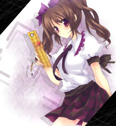 Rule 34 | 1girl, bad id, bad pixiv id, brown hair, cellphone, checkered clothes, checkered skirt, female focus, hat, highres, himekaidou hatate, long hair, necktie, phone, pointy ears, purple eyes, ritsuhi, skirt, solo, tokin hat, touhou, twintails