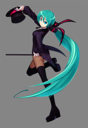 Rule 34 | 1girl, aqua eyes, aqua hair, boots, erian, fishnet pantyhose, fishnets, gloves, hair ribbon, hand on own hip, hat, hatsune miku, hip focus, leg lift, long hair, looking back, magician, miracle paint (vocaloid), pantyhose, ponytail, project diva, project diva (series), ribbon, simple background, solo, thigh boots, thighhighs, top hat, unworn hat, unworn headwear, very long hair, vocaloid, wand