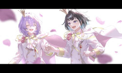 2boys :d absurdres ascot bloom cape crown ensemble_stars! falling_petals hanamura_fuyume highres holding_hands jacket letterboxed long_sleeves looking_at_another male_focus medium_hair mini_crown multiple_boys neck_ribbon open_mouth petals pink_petals ribbon sagiri_esu side-by-side simple_background sleeve_cuffs smile teeth tongue trap upper_body upper_teeth_only white_background white_jacket wind yellow_ribbon yoshio_tachi