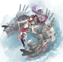 Rule 34 | 1girl, anchor, armband, breasts, brown eyes, cannon, cherry blossoms, detached sleeves, flower, from above, full body, hair between eyes, hair flower, hair intakes, hair ornament, headgear, high heels, himerinco, hip vent, kantai collection, large breasts, long hair, miniskirt, oil-paper umbrella, pleated skirt, ponytail, purple hair, red skirt, red umbrella, rigging, rudder footwear, single thighhigh, skirt, smokestack, solo, standing, standing on liquid, thigh strap, thighhighs, turret, umbrella, very long hair, yamato (kancolle), z-flag