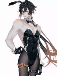 Rule 34 | 1boy, alternate costume, animal ears, arm at side, bare arms, bare shoulders, black bow, black bowtie, black gloves, black hair, black hairband, black leotard, bow, bowtie, brown hair, brown pantyhose, buttons, closed mouth, collarbone, detached collar, earrings, fake animal ears, genshin impact, gloves, hairband, hand on own hip, jewelry, leotard, long hair, looking to the side, male focus, male playboy bunny, multicolored hair, neck, orange bow, orange hair, pantyhose, ponytail, rabbit ears, simple background, single earring, solo, standing, strapless, strapless leotard, tassel, tassel earrings, white background, wrist cuffs, yiuadrian, zhongli (genshin impact)