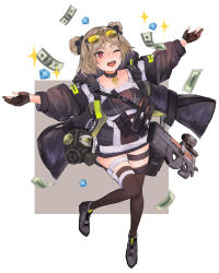 Rule 34 | 1girl, absurdres, banknote, blurry, blush, border, brown coat, brown dress, brown gloves, brown thighhighs, bullpup, choker, coat, collarbone, commentary, commission, crystal, diamond (gemstone), dollar bill, double bun, dress, eyewear on head, fingerless gloves, floating clothes, gas mask, gem, girls&#039; frontline, gloves, grey background, grey footwear, gun, hair bun, highres, horizontal magazine, jewelry, jumping, knees together feet apart, mask, money, one eye closed, open clothes, open coat, open mouth, optical sight, outstretched arms, p90, p90 (girls&#039; frontline), parted bangs, pendant, personal defense weapon, pouch, red eyes, reraise, shoes, short dress, short hair, simple background, skeb commission, smile, solo, sparkle, standing, standing on one leg, strap, submachine gun, sunglasses, sunglasses on head, teeth, thigh strap, thighhighs, tinted eyewear, two-tone background, weapon, white background, white border, yellow-tinted eyewear