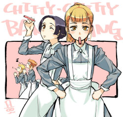 Rule 34 | 4girls, candy, chitty chitty bang bang, chittychittybangbang, food, own hands clasped, hands on own hips, maid, mouth hold, multiple girls, oshare kyoushitsu, own hands together, tootsweets, yellow eyes