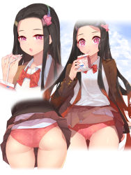 Rule 34 | 1girl, :o, accidental exposure, alternate costume, ass, black hair, blazer, blush, bow, bowtie, brown jacket, brown skirt, clothes lift, cloud, commentary request, cropped legs, day, drinking, fang, forehead, gradient hair, hair ribbon, half-closed eyes, highres, jacket, juice box, kamado nezuko, kimetsu no yaiba, long hair, long sleeves, looking at viewer, miniskirt, multicolored hair, multiple views, open clothes, open jacket, open mouth, panties, photoshop (medium), pink panties, pink ribbon, pleated skirt, purple eyes, red bow, red hair, red neckwear, revision, ribbon, school uniform, shirt, skirt, underwear, very long hair, waterring, white shirt, wind, wind lift