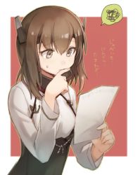 Rule 34 | 10s, 1girl, bad id, bad twitter id, brown eyes, brown hair, hair between eyes, kantai collection, long sleeves, paper, short hair, solo, sweatdrop, taihou (kancolle), tomari (veryberry00), translation request