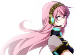 Rule 34 | 1girl, :o, armband, bespectacled, blue eyes, blue gemstone, brooch, female focus, gem, glasses, headphones, headset, jewelry, long hair, looking at viewer, megurine luka, open mouth, outlaw, pink hair, semi-rimless eyewear, simple background, solo, turtleneck, unabara misumi, upper body, vocaloid, white background