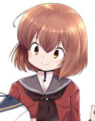 Rule 34 | 1girl, black neckerchief, brown eyes, brown hair, commentary request, grey sailor collar, holding, holding clothes, jacket, kantai collection, nassukun, neckerchief, red jacket, sailor collar, short hair, simple background, smile, solo, tan yang (kancolle), upper body, white background, yukikaze (kancolle)