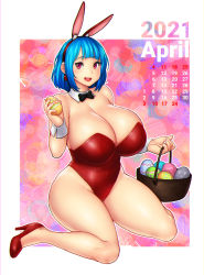 Rule 34 | 1girl, animal ears, april, basket, black bow, blue hair, blunt bangs, border, bow, breasts, cleavage, curvy, detached collar, earrings, easter egg, egg, erkaz, hairband, high heels, highres, holding, holding egg, huge breasts, jewelry, leotard, open mouth, original, rabbit ears, red eyes, red footwear, red leotard, rina atherina, sitting, thighs, white border, white hairband, wrist cuffs