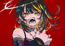 Rule 34 | 1girl, bags under eyes, black hair, black shirt, blonde hair, choker, commentary request, dot nose, ear piercing, eyelashes, fangs, frilled shirt, frills, halo, hand on own shoulder, hand up, highres, idolmaster, idolmaster shiny colors, ikaruga luca, jewelry, lace trim, long sleeves, looking at viewer, medium hair, morino yu2, multicolored hair, necklace, open mouth, piercing, red background, ring, sharp teeth, shirt, solo, tank top, teeth, two-tone hair, upper body, yellow eyes