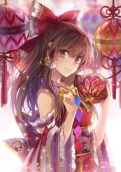 Rule 34 | 1girl, bell, blurry, blurry background, bow, brown eyes, brown hair, detached sleeves, hagiwara rin, hair bow, hakurei reimu, japanese clothes, long hair, miko, red bow, red ribbon, ribbon, solo, strapless, touhou