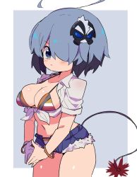 Rule 34 | 1girl, ahoge, bikini, bikini under clothes, black hair, blue shorts, bombergirl, bomberman, bracelet, breasts, character hair ornament, cleavage, closed mouth, collarbone, cowboy shot, cutoffs, fuse, fuse tail, gloves, gray (bombergirl), grey hair, hair ornament, hair over one eye, highres, huge ahoge, jewelry, large breasts, legs together, lit fuse, looking at viewer, max (bomberman), multicolored bikini, multicolored clothes, multicolored hair, navel, open fly, purple eyes, sasaki rindou, shirt, short hair, short shorts, short sleeves, shorts, single glove, solo, swimsuit, tail, thighs, tied shirt, two-tone hair, v-shaped eyebrows, v arms, white gloves, white shirt