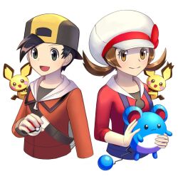 Rule 34 | 1boy, 1girl, :d, backwards hat, black eyes, black hair, blue overalls, brown eyes, brown hair, cabbie hat, closed mouth, creatures (company), ethan (pokemon), game freak, gen 2 pokemon, hat, holding, holding poke ball, holding pokemon, hosimati yukari, long sleeves, looking at viewer, lyra (pokemon), marill, nintendo, on shoulder, open mouth, overalls, pichu, poke ball, poke ball (basic), pokemon, pokemon (creature), pokemon hgss, pokemon on shoulder, red shirt, shirt, smile, spiky-eared pichu, twintails, upper body, white hat