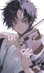 Rule 34 | 1boy, absurdres, black hair, blurry, bow (music), character request, highres, holding, holding instrument, holding violin, instrument, korean commentary, longing and lies (manhwa), looking at viewer, male focus, mara universe, multicolored eyes, music, playing instrument, purple eyes, shirt, simple background, solo, sweat, upper body, violin, white background, white shirt