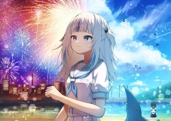 Rule 34 | 1girl, blue eyes, blue hair, blue ribbon, city lights, cityscape, fins, fireworks, fish tail, gawr gura, hair ornament, hololive, hololive english, looking up, mionohoshi, multicolored hair, ribbon, sand, shark girl, shark hair ornament, shark tail, shirt, skirt, skyline, solo, streaked hair, tail, virtual youtuber, water, white hair, white shirt, white skirt