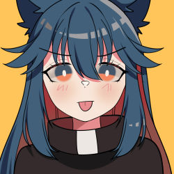Rule 34 | 1girl, :p, animal ears, arknights, black coat, black collar, blue eyes, blue hair, blush, coat, collar, collared jacket, commentary, english commentary, hair between eyes, jacket, long hair, looking at viewer, multicolored eyes, multicolored hair, nyawurin, orange background, orange eyes, portrait, red hair, sidelocks, simple background, solo, texas (arknights), tongue, tongue out, two-tone hair, v-shaped eyebrows, wolf ears