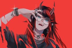 Rule 34 | 1girl, black hair, black nails, blue eyes, bracelet, chain, chain necklace, commentary, demon girl, demon horns, ear piercing, earrings, gin (tttetu123), glasses, grey-framed eyewear, highres, horns, jewelry, long hair, looking at viewer, multicolored hair, nail polish, nanashi inc., necklace, open mouth, piercing, pointy ears, red background, red hair, ring, round eyewear, ryugasaki rene, smile, solo, sugar lyric, teeth, two-tone hair, upper body, virtual youtuber