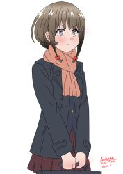 Rule 34 | 1girl, :t, azusagawa kaede, black jacket, blush, bow, briefcase, brown eyes, brown hair, brown scarf, brown skirt, closed mouth, commentary request, dated, fringe trim, hair bow, holding, jacket, long sleeves, pleated skirt, pout, red bow, sakayaya, scarf, school briefcase, seishun buta yarou, signature, simple background, skirt, solo, v-shaped eyebrows, white background