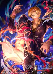 Rule 34 | 1boy, black pants, black suit, blonde hair, cigarette, commentary request, copyright name, curly eyebrows, facial hair, fire, formal, from above, goatee, holding, holding cigarette, male focus, necktie, nijimaarc, official art, one piece, one piece card game, pants, sanji (one piece), shirt, short hair, solo, suit, wind, yellow shirt