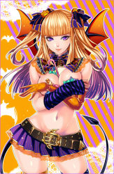 Rule 34 | 1girl, arm warmers, bad id, bad pixiv id, belt, border, breasts, candy, covering breasts, covering privates, demon girl, demon tail, demon wings, elbow gloves, fang, food, gloves, gradient hair, groin, halloween, lips, long hair, looking at viewer, matsurika youko, medium breasts, multicolored hair, navel, original, outline, pink eyes, purple eyes, single elbow glove, single glove, skirt, solo, striped background, striped clothes, striped thighhighs, tail, thighhighs, topless, twintails, wings
