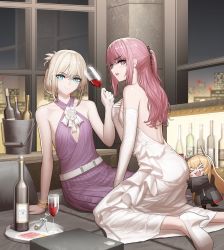 Rule 34 | &gt; &lt;, 3girls, alcohol, alternate costume, an-94 (girls&#039; frontline), bottle, bucket, cheogtanbyeong, chibi, cityscape, cleavage cutout, clothing cutout, corkscrew, cup, dress, drinking glass, elbow gloves, girls&#039; frontline, gloves, high heels, highres, hug, hug from behind, m4 sopmod ii jr, multiple girls, night, purple dress, red wine, st ar-15 (girls&#039; frontline), white dress, wine, wine bottle, wine glass
