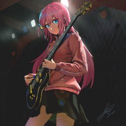 Rule 34 | 1girl, absurdres, black skirt, blue eyes, bocchi the rock!, closed mouth, commentary, cube hair ornament, electric guitar, gibson les paul, gotoh hitori, guitar, hair ornament, highres, holding, holding instrument, instrument, jacket, jemmyli, long hair, long sleeves, music, pink hair, pink jacket, playing instrument, pleated skirt, signature, skirt, solo