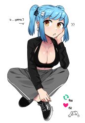 Rule 34 | 1girl, absurdres, bare shoulders, black bra, blue hair, bra, breasts, cleavage, collarbone, english text, full body, grey pants, hair ornament, hairclip, hand on own cheek, hand on own face, highres, ii (peps art), indian style, large breasts, light blue hair, long sleeves, looking at viewer, meme, midriff, open mouth, orange eyes, original, pants, peps art, shoes, short twintails, shrug (clothing), sidelocks, simple background, sitting, sneakers, solo, sports bra, sweatpants, swept bangs, twintails, twitter strip game (meme), twitter username, underwear, white background