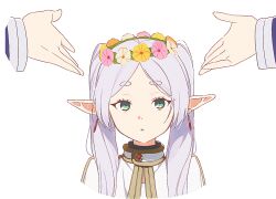Rule 34 | 1girl, 1other, blanchat, capelet, commentary, earrings, elf, flower, flower wreath, frieren, gem, green eyes, grey hair, jewelry, long hair, long sleeves, looking at viewer, pink flower, pointy ears, simple background, sousou no frieren, symbol-only commentary, twintails, white background, white capelet, white flower, yellow flower