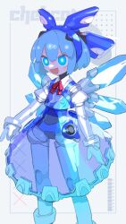 Rule 34 | 1girl, absurdres, android, arms at sides, artist name, barcode, blue eyes, blue hair, blue shirt, blue skirt, blush stickers, bob cut, bright pupils, cheri zao, cirno, collared shirt, commentary request, crystal wings, feet out of frame, glowing, glowing eyes, headgear, highres, joints, layered shirt, looking ahead, mechanical wings, mechanization, neck ribbon, open mouth, puffy short sleeves, puffy sleeves, red ribbon, ribbon, ringed eyes, robot joints, see-through, see-through shirt, see-through skirt, shirt, short hair, short sleeves, skirt, smile, solo, standing, touhou, v-shaped eyebrows, white background, white pupils, white shirt, wings