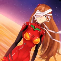 Rule 34 | 1girl, asanome, bandages, blue eyes, bodysuit, brown hair, curvy, the end of evangelion, frown, interface headset, long hair, neon genesis evangelion, one eye covered, plugsuit, sky, solo, souryuu asuka langley, star (sky), starry sky, wide hips