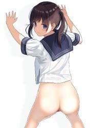Rule 34 | 1girl, ass, blue eyes, blush, bottomless, brown hair, burenbo, censored, closed mouth, commentary request, from behind, hair strand, highres, long hair, looking at viewer, looking back, mosaic censoring, no panties, no pants, original, pussy, school uniform, serafuku, short sleeves, simple background, solo, standing, twintails, underwear