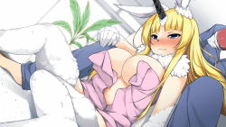 Rule 34 | 1boy, 1girl, animal ears, artist request, blonde hair, blue eyes, blunt bangs, blush, breasts, embarrassed, fang, hair dryer, hand on another&#039;s knee, horns, large breasts, long hair, miraj (monster musume), monster girl, monster musume no iru nichijou, monster musume no iru nichijou online, naked towel, neck ruff, official art, on floor, rabbit ears, single horn, sitting, solo focus, tearing up, towel, very long hair, wardrobe malfunction, wavy mouth, white fur