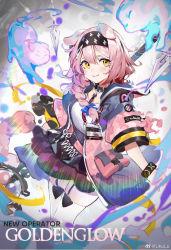 Rule 34 | 1girl, animal ears, arknights, black collar, black hairband, black skirt, black wristband, blue bow, blue jacket, blush, bow, braid, cat, cat ears, character name, collar, floppy ears, garter straps, goldenglow (arknights), hair bow, hairband, highres, id card, infection monitor (arknights), jacket, lightning bolt print, long hair, looking at viewer, multicolored clothes, multicolored jacket, open clothes, open jacket, pink hair, pink jacket, scissors, scottish fold, shirt, skirt, smile, solo, thighhighs, two-tone jacket, ukulu, wavy mouth, weibo watermark, white shirt, white thighhighs, yellow eyes