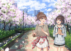 Rule 34 | 2girls, :d, backpack, bag, bare shoulders, black hair, black shorts, blue eyes, blue hoodie, blue sky, blush, bridge, brown hair, brown shirt, building, cherry blossoms, clothes around waist, cloud, cloudy sky, collarbone, commentary request, crepe, cup, day, disposable cup, drawstring, drinking straw, food, grey eyes, hair ornament, hairclip, high ponytail, holding, holding cup, holding food, hood, hood down, hoodie, jacket, jacket around waist, lamppost, miko fly, multiple girls, open mouth, original, outdoors, park, petals, plaid, plaid jacket, pleated skirt, ponytail, red jacket, river, shirt, short shorts, shorts, shoulder bag, skirt, sky, skyscraper, smile, standing, teeth, tree, upper teeth only, white skirt