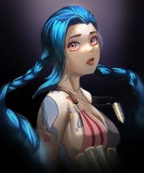 Rule 34 | 1girl, absurdres, alternate breast size, asymmetrical bangs, bare shoulders, belt, black background, blue hair, bra, braid, breasts, bullet, cleavage, cloud tattoo, collarbone, commentary request, from side, gradient background, grey background, highres, jewelry, jinx (league of legends), large breasts, league of legends, long hair, looking at viewer, medium breasts, muhae (dcnh8882), necklace, open mouth, red eyes, shoulder tattoo, solo, tattoo, twin braids, underwear, upper body