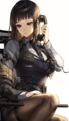 Rule 34 | 1girl, belt, belt pouch, black jacket, black necktie, brown hair, brown pantyhose, chair, closed mouth, highres, holding, holding phone, jacket, kim eb, medium hair, mole, mole under mouth, necktie, neckwear request, original, pantyhose, phone, plaid, police, police uniform, policewoman, pouch, purple eyes, simple background, sitting, solo, uniform, white background, zipper, zipper pull tab