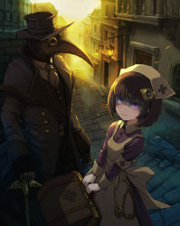 Rule 34 | 1boy, 1girl, alley, armband, ascot, backlighting, bag, beak, cane, city, coat, commentary, cross, dark, fingerless gloves, gloves, hair ornament, hat, highres, lantern, looking at viewer, mask, nurse, nurse cap, original, outdoors, plague doctor, purple eyes, red cross, stairs, steampunk, stethoscope, sunlight, top hat, trench coat, ume (illegal bible), vest