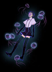Rule 34 | 1other, absurdres, androgynous, black background, black gloves, black hair, black necktie, black shorts, black thighhighs, bort, elbow gloves, floating, floating clothes, full body, gem uniform (houseki no kuni), gloves, highres, houseki no kuni, jellyfish, light particles, looking up, necktie, oo0mog0oo, other focus, parted lips, purple hair, shoes, short hair, short sleeves, shorts, skort, soles, solo, submerged, suspender shorts, suspenders, thighhighs, very short hair